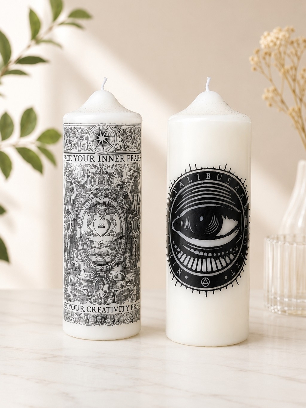 Decorative White Pillar Candles with Black Graphic Motif - Coreterno Creativity